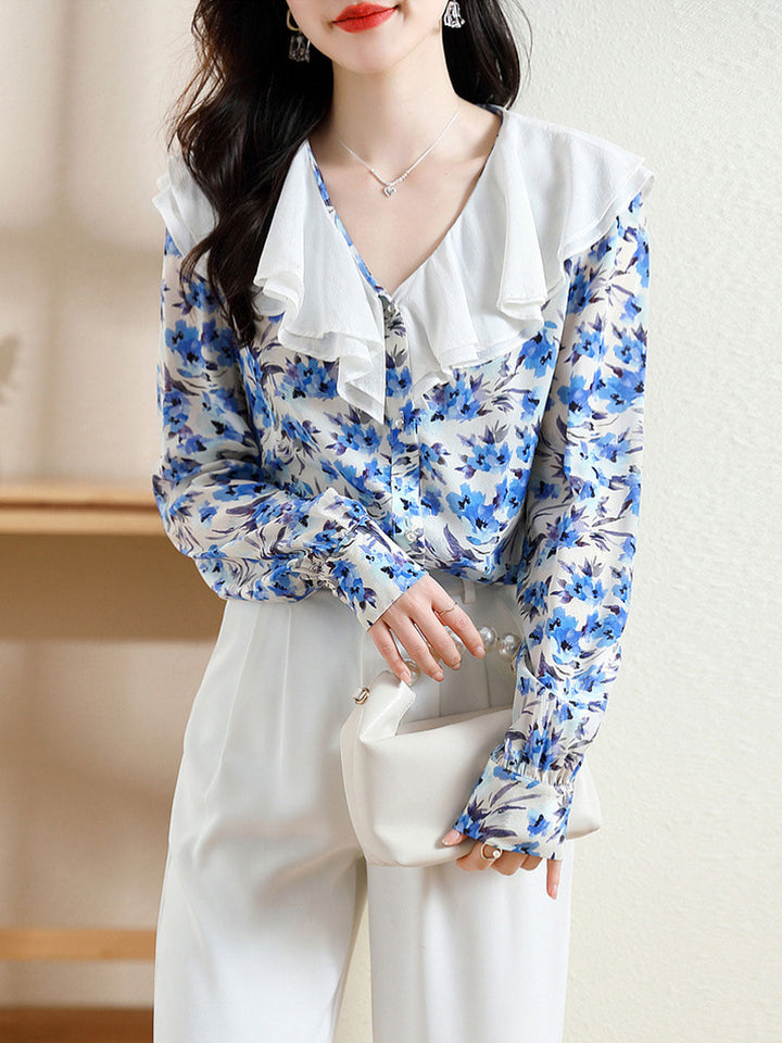 Sophia Classic Doll Collar Floral Printed Chiffon Top