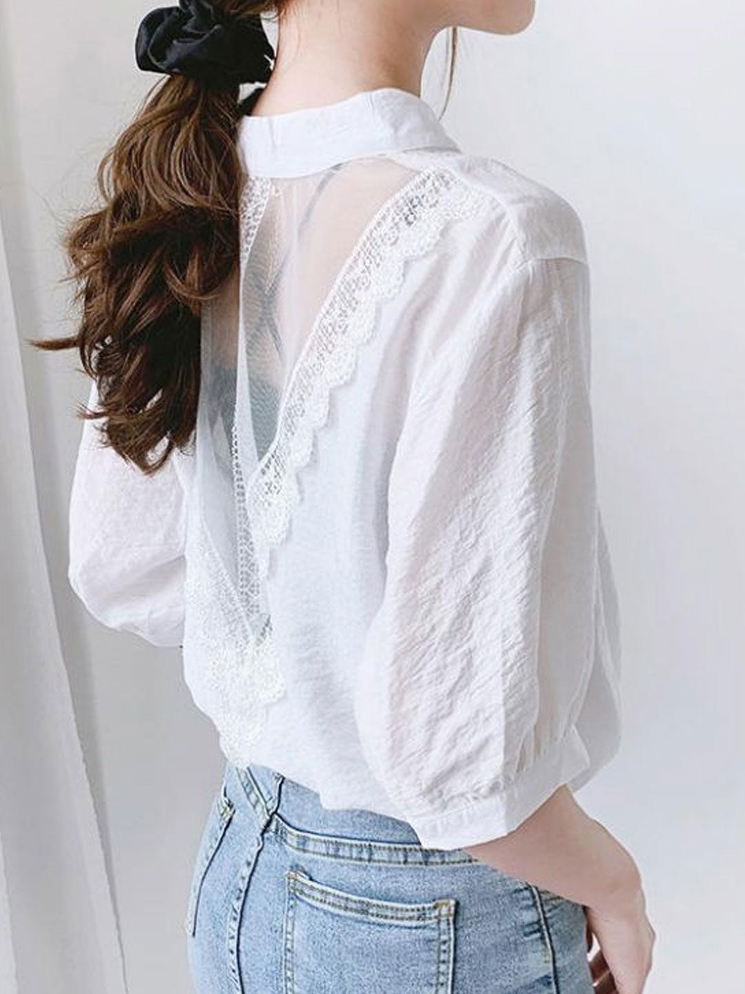 Morgan Classic V-Neck Lace Hollowed Chiffon Top