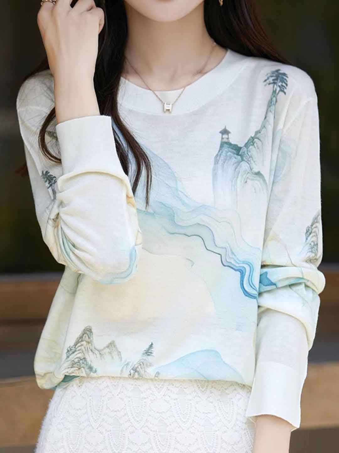 Nevaeh Casual Crew Neck Printed Wool Top