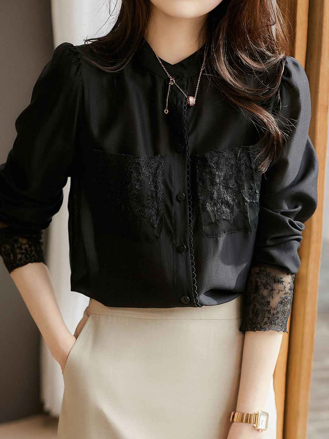 Jocelyn Retro Crew Neck Lace Embroidered Chiffon Shirt