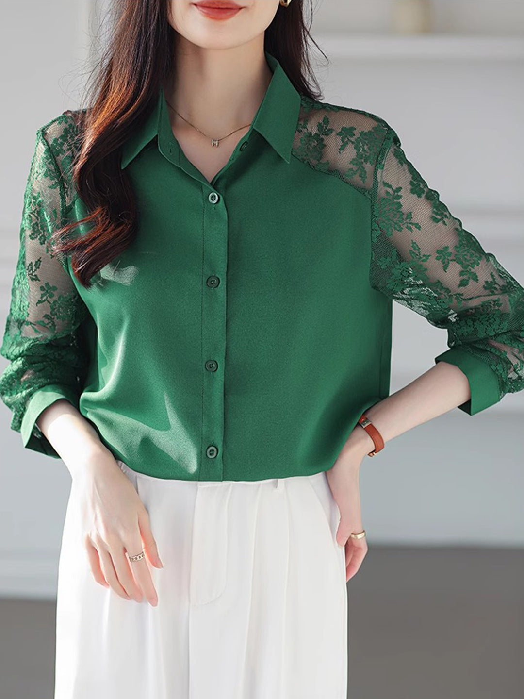 Sophie Loose Lapel Panel Lace Chiffon Shirt