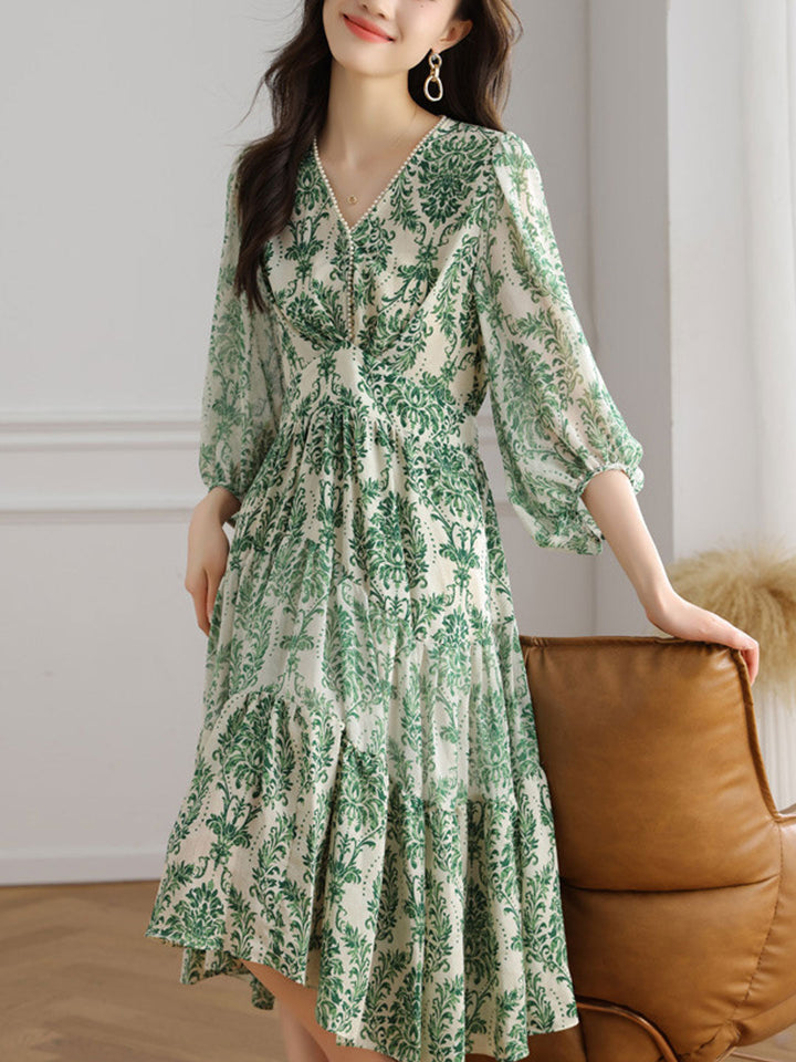 Ava Classic V-Neck Balloon Sleeve Printed Dress