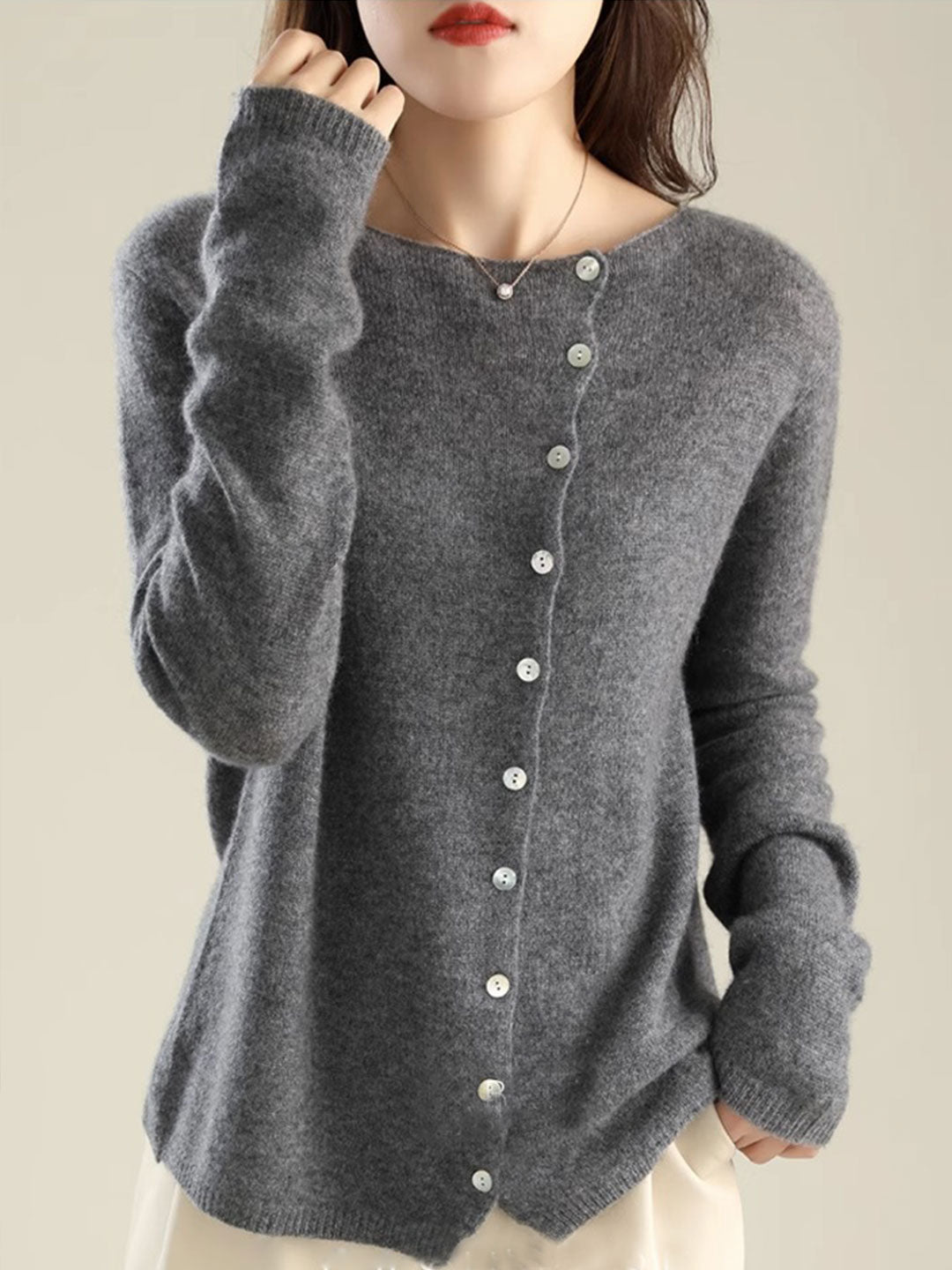 Kayla Classic Crew Neck Knitted Cardigan-Navy Blue