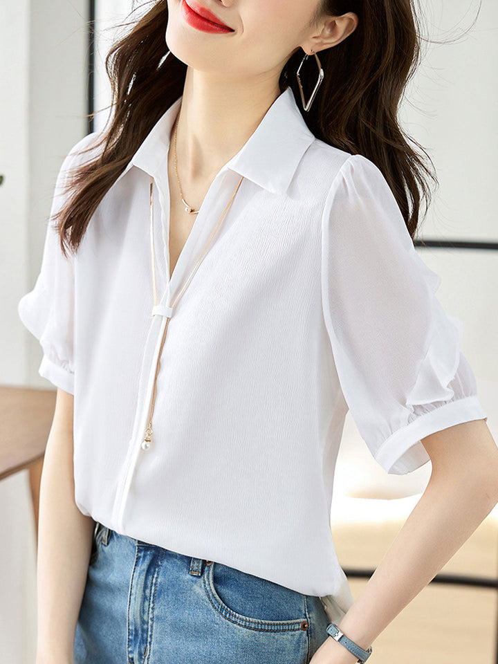 Elizabeth Elegant Lapel Chain Chiffon Shirt-White