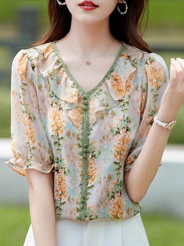 Elizabeth Retro V-Neck Floral Printed Chiffon Top