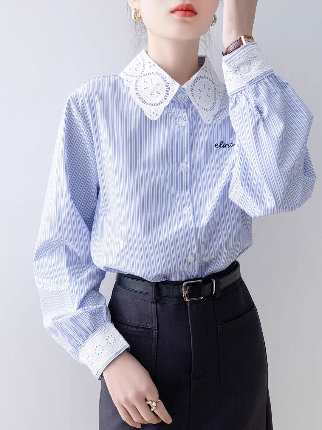 Camila Loose Striped Print Embroidered Shirt