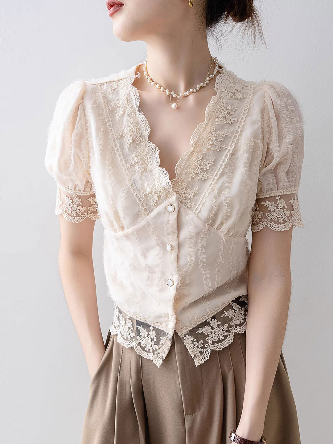 Anna Retro V-Neck Flare Sleeve Hollowed Lace Top