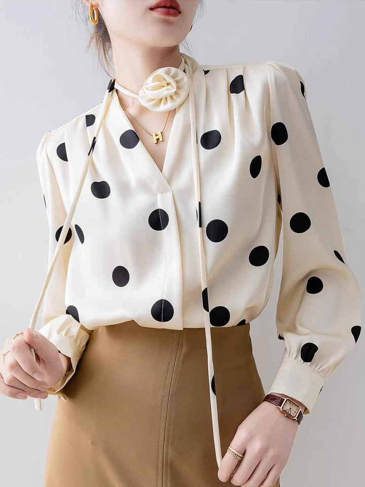 Faith Loose V-Neck Satin Polka Dot Shirt