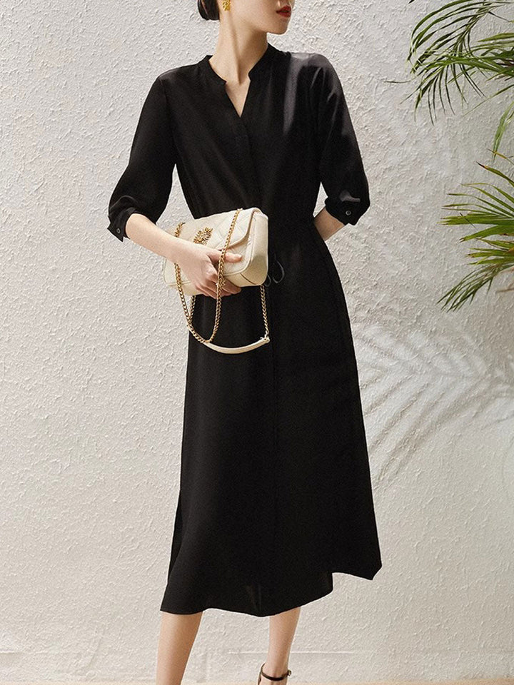 Claire Elegant V-Neck Puff Sleeve Solid Color Dress