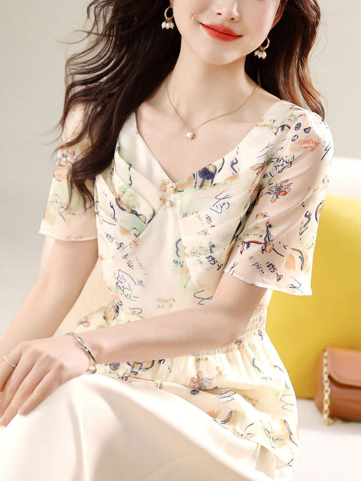 Peyton Elegant Flare Sleeve Pleated Printed Chiffon Top