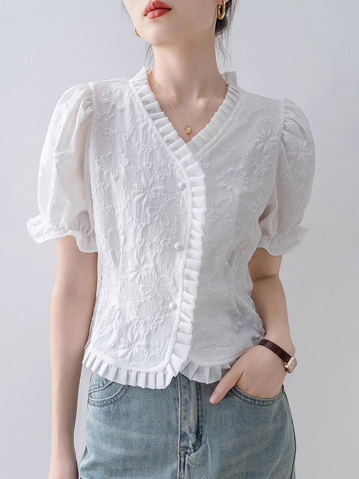 Bailey Retro V-Neck Puff Sleeve Auricular Top