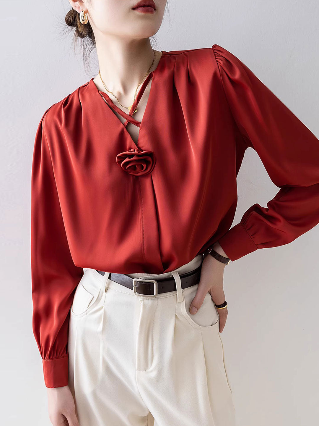 Khloe Casual V-Neck Lantern Sleeve Solid Color Shirt