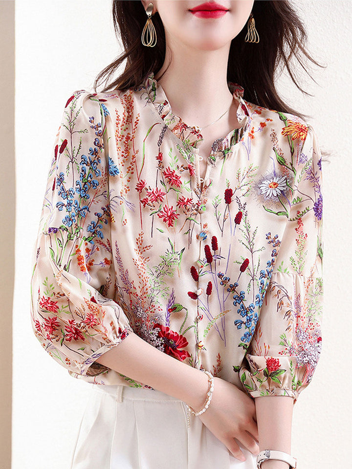 Sophia Retro Ruffle Collar Lantern Sleeve Floral Printed Top