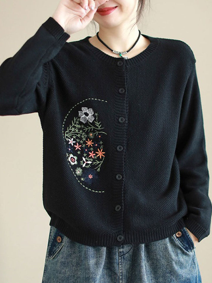 Brianna Retro Crew Neck Embroidered Knitted Cardigan