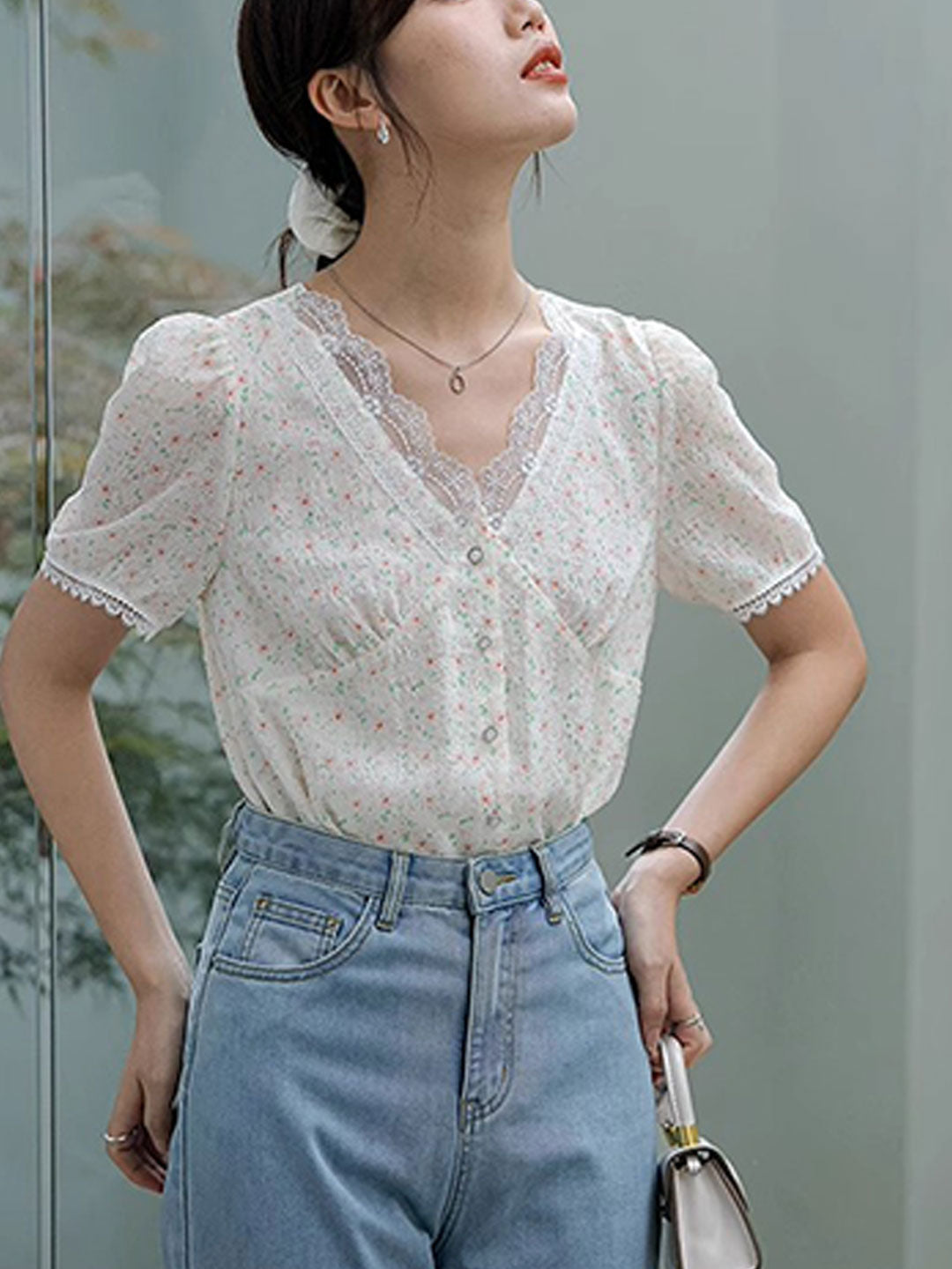 Madison Retro V-Neck Lace Floral Blouse