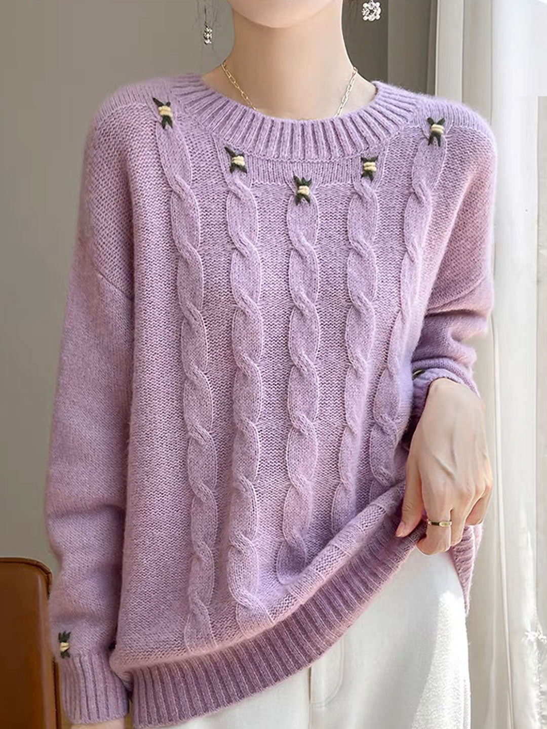 Bella Floral Crew Neck Solid Color Knitted Sweater-Purple