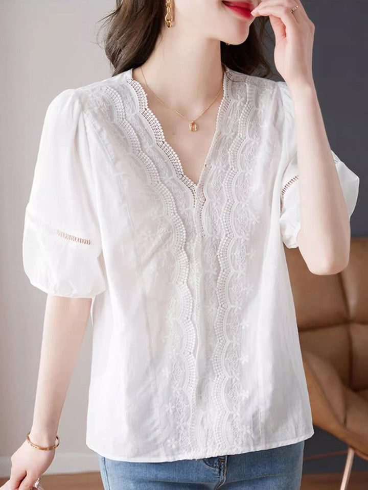 Olivia Retro V-Neck Lace Embroidered Top