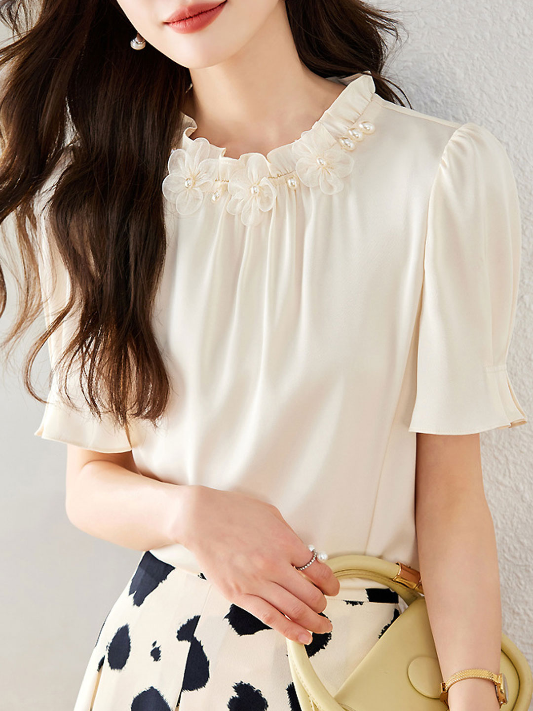 Sarah Elegant Auricular Satin Ruffled Chiffon Top