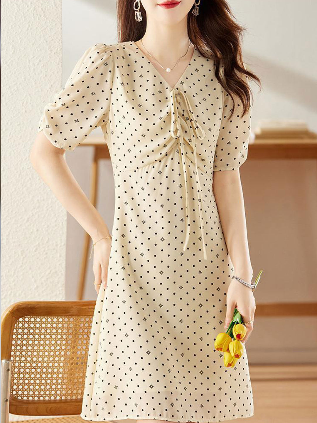 Claire Cute V-Neck Puff Sleeve Polka Dot Dress