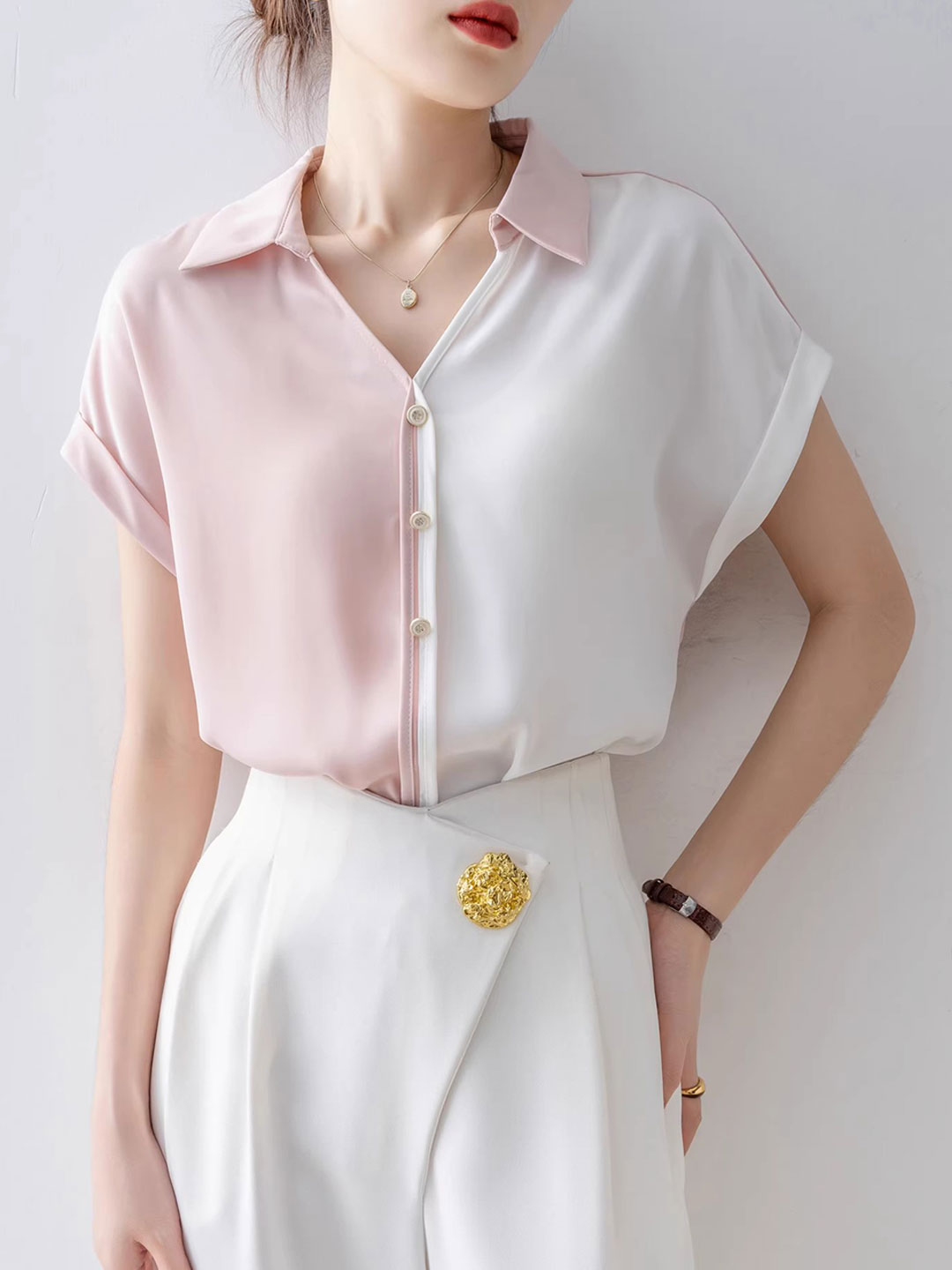 Caroline Loose Solid Color Satin Chiffon Shirt