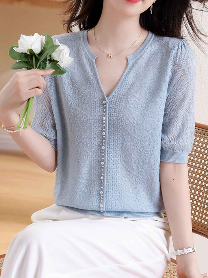 Sophie Chic V-Neck Beaded Jacquard Knitted Top