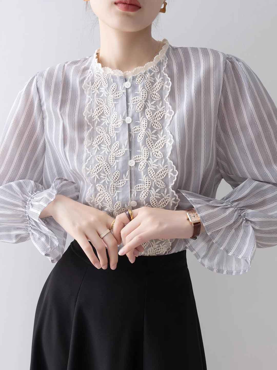 Jessica Vintage Mesh Embroidered Striped Lace Shirt