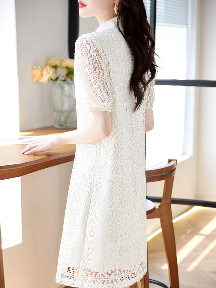 Olivia Retro Lapel Hollowed Embroidered Dress