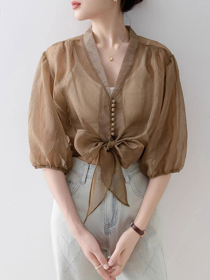 Alyssa Retro V-Neck Lantern Sleeve Chiffon Shirt