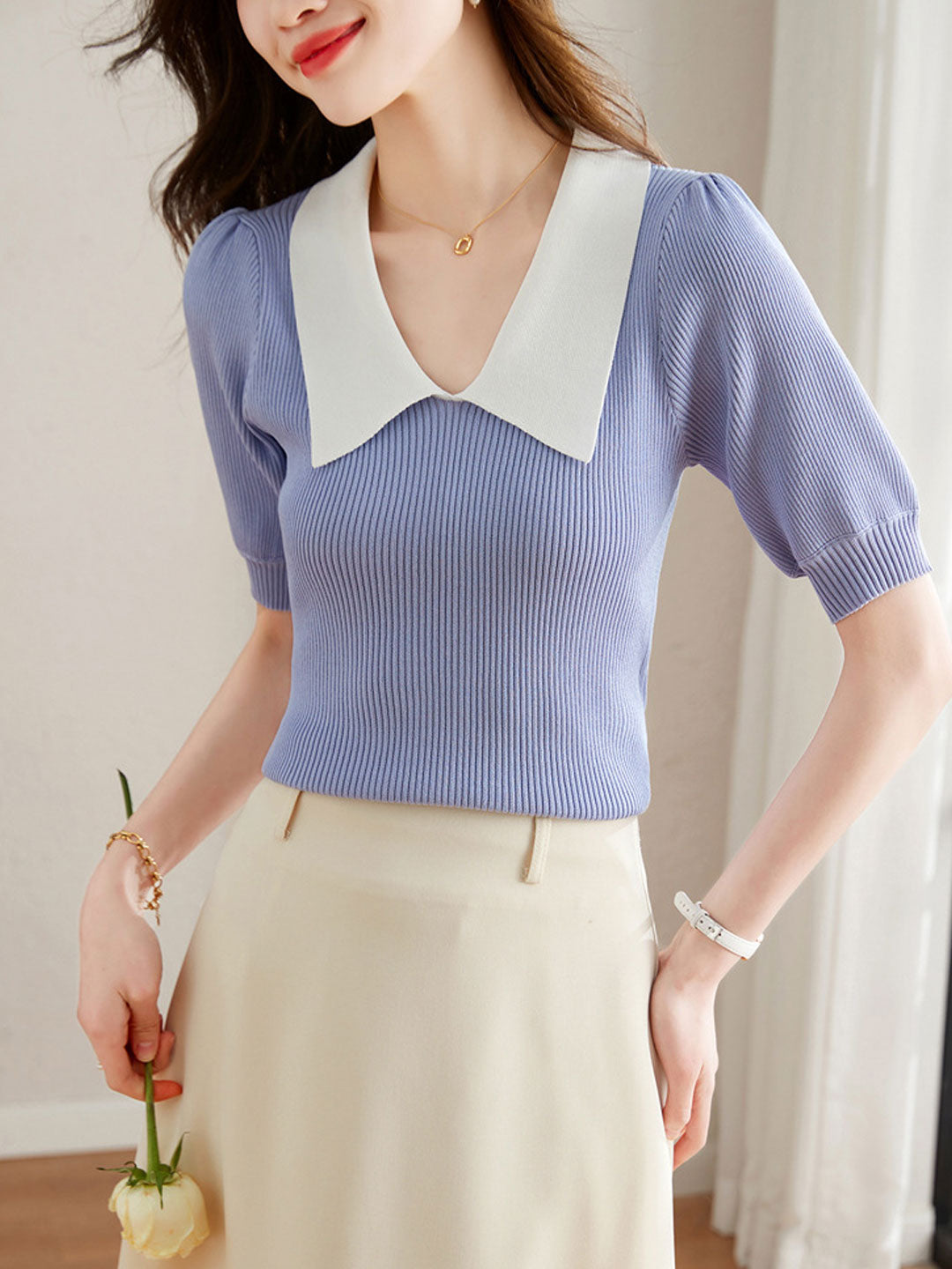 Sarah Vintage Lapel Balloon Sleeve Knitted Top