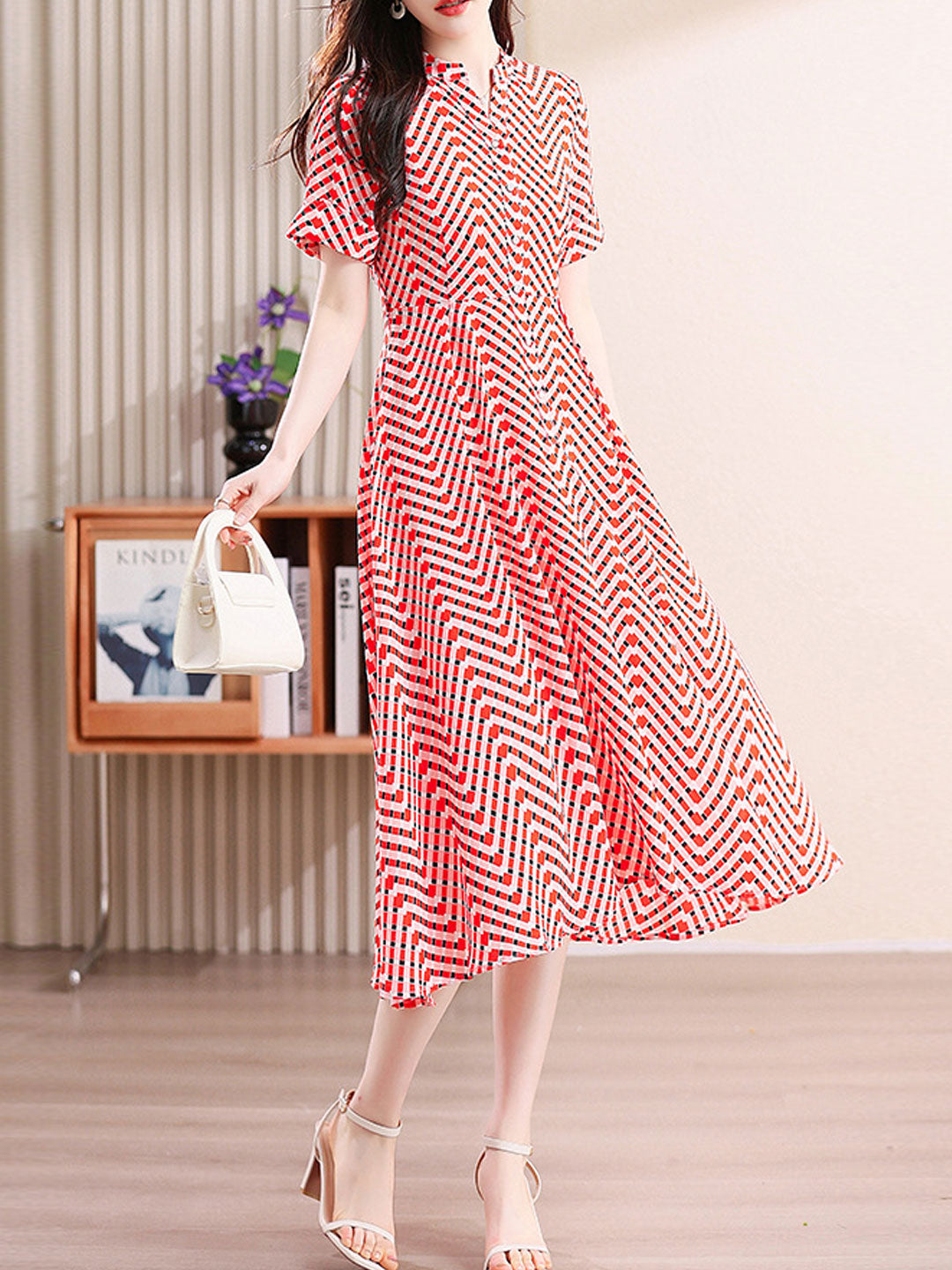 Caroline Casual V-neck Plaid Printed Chiffon Dress