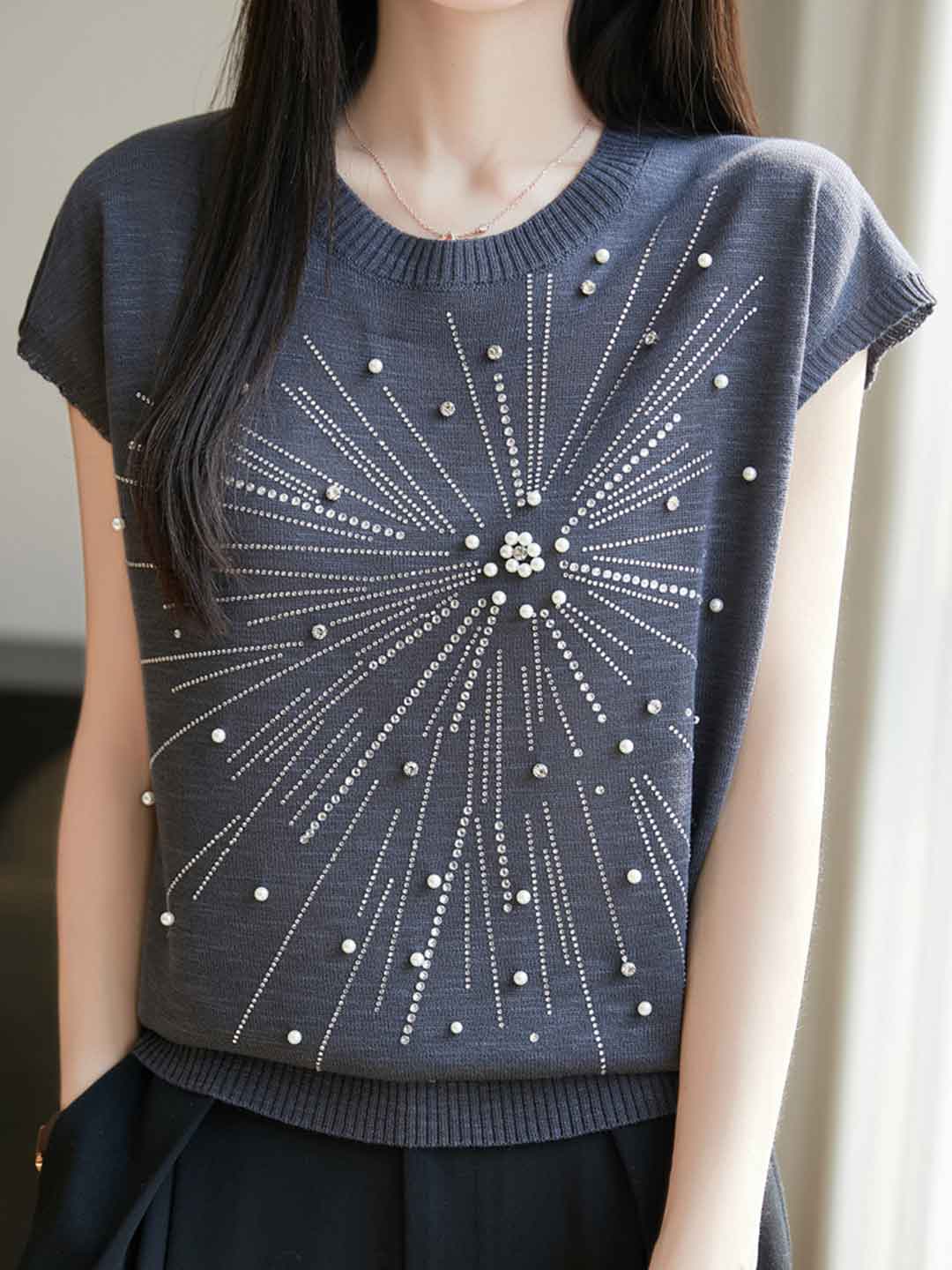 Jessica Loose Crew Neck Rhinestone Knitted Top