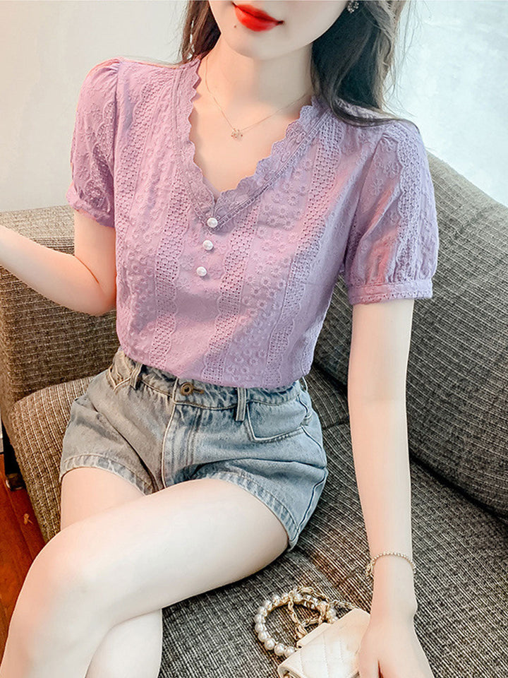 Julia Classic V-Neck Lace Chiffon Top