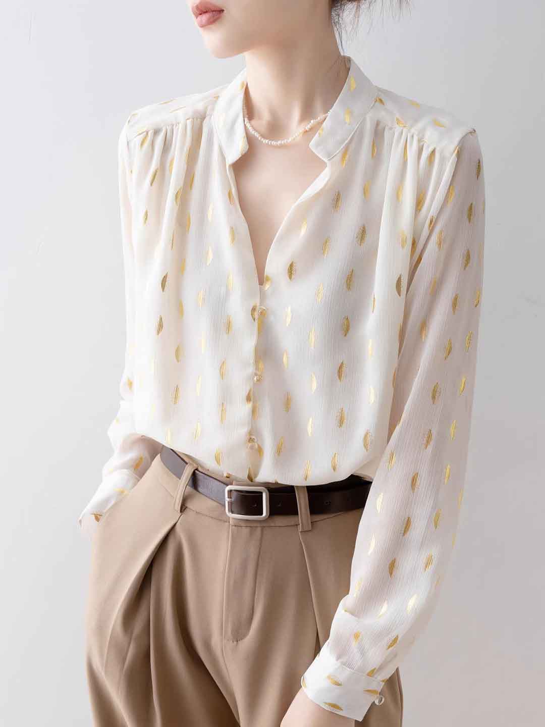 Ashley Loose V-neck Hot Stamping Chiffon Shirt