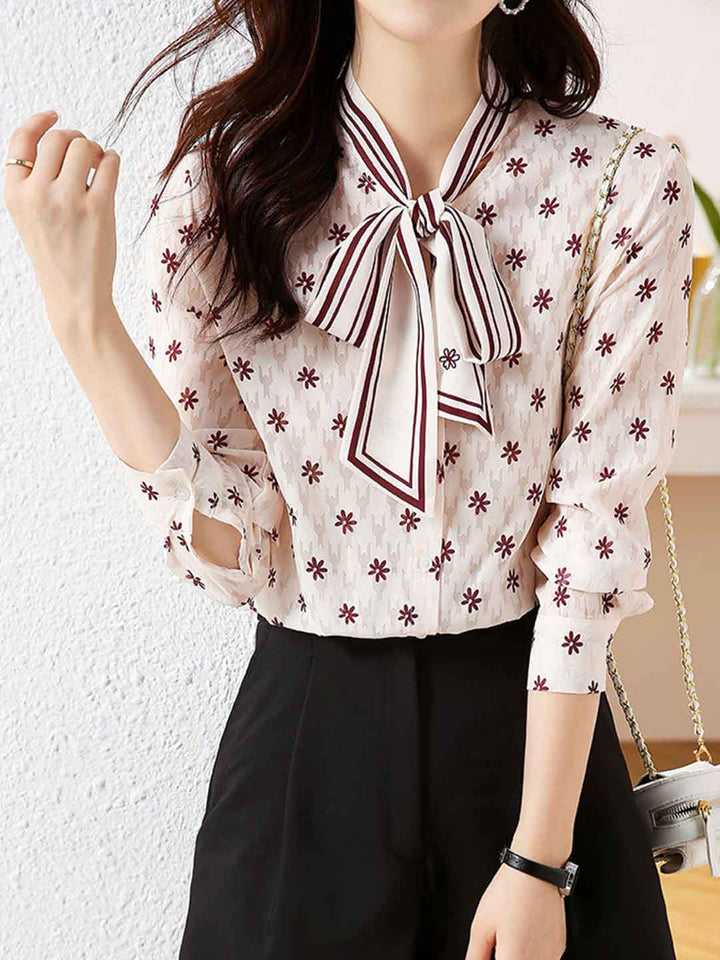 Anna Elegant Printed Ribbon Shirt