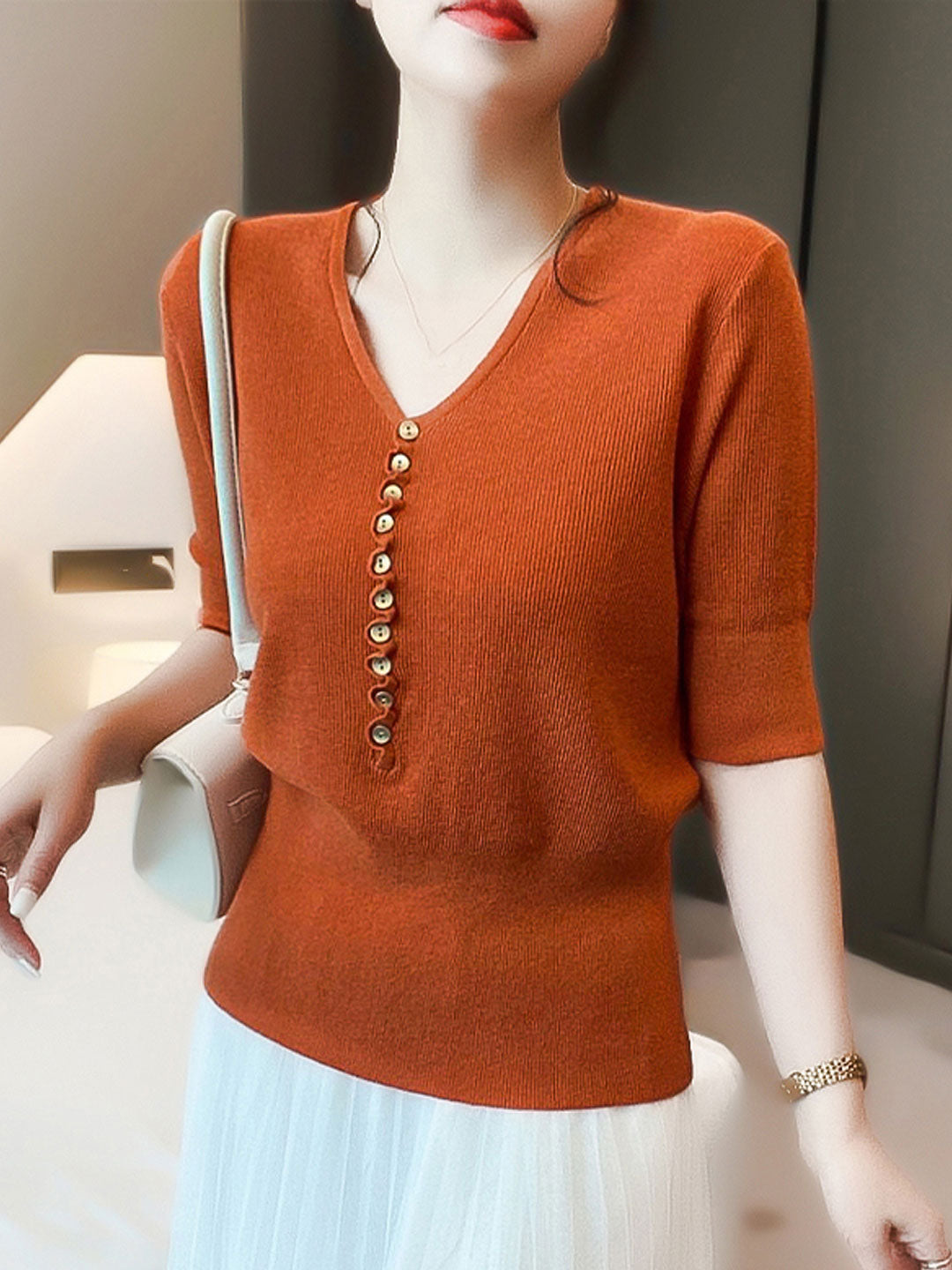 Kayla Loose V-Neck Button Knitted Top-Coffee