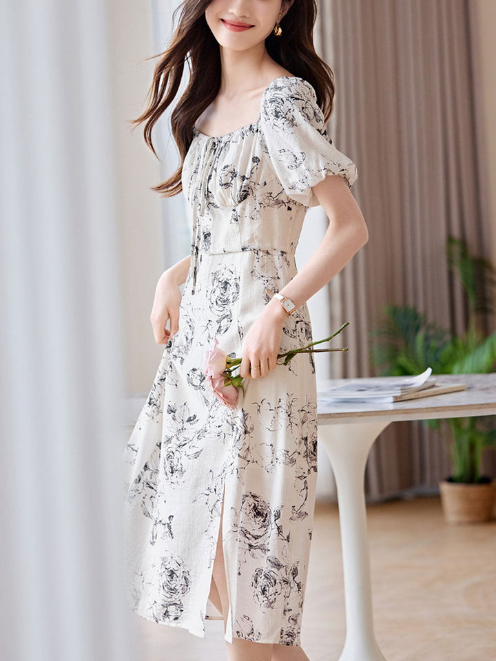 Selina Classic Square Neck Puff Sleeve Floral Dress