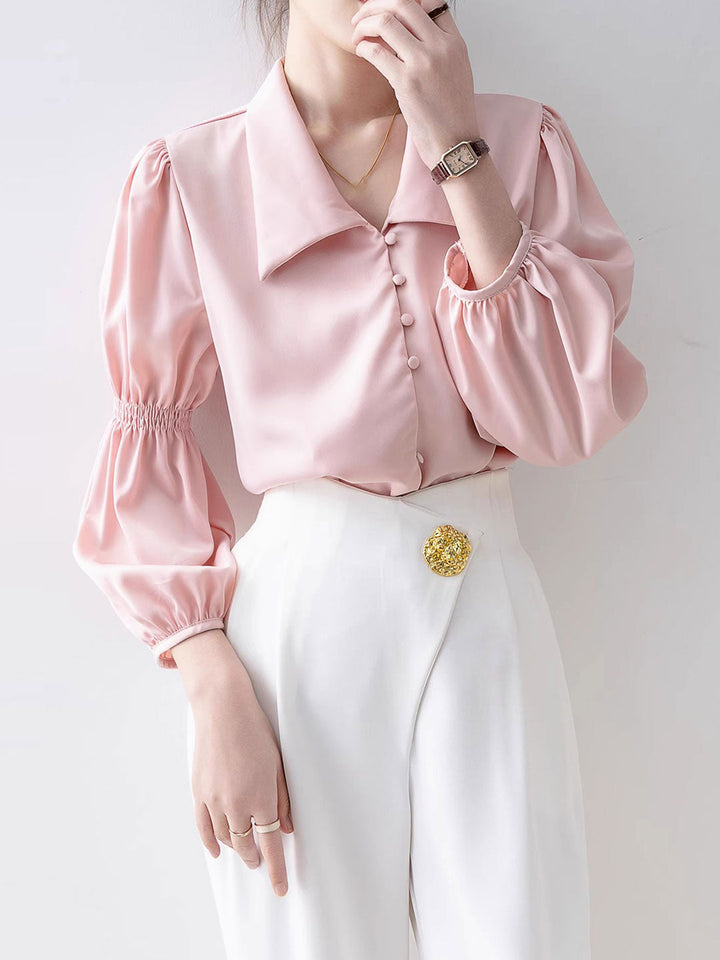 Rachel Classic Balloon Sleeve Lapel Shirt-Apricot