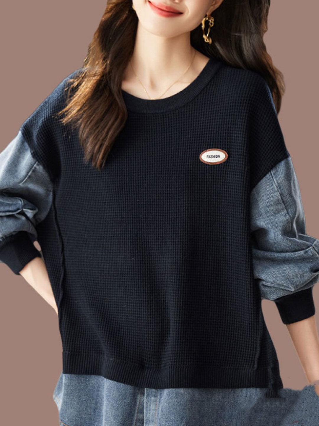 Destiny Loose Denim Stitching Knitted Sweatshirt