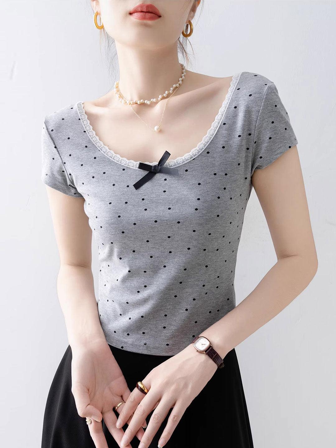 Molly Classic Square Neck Polka Dot Lace Bow Top