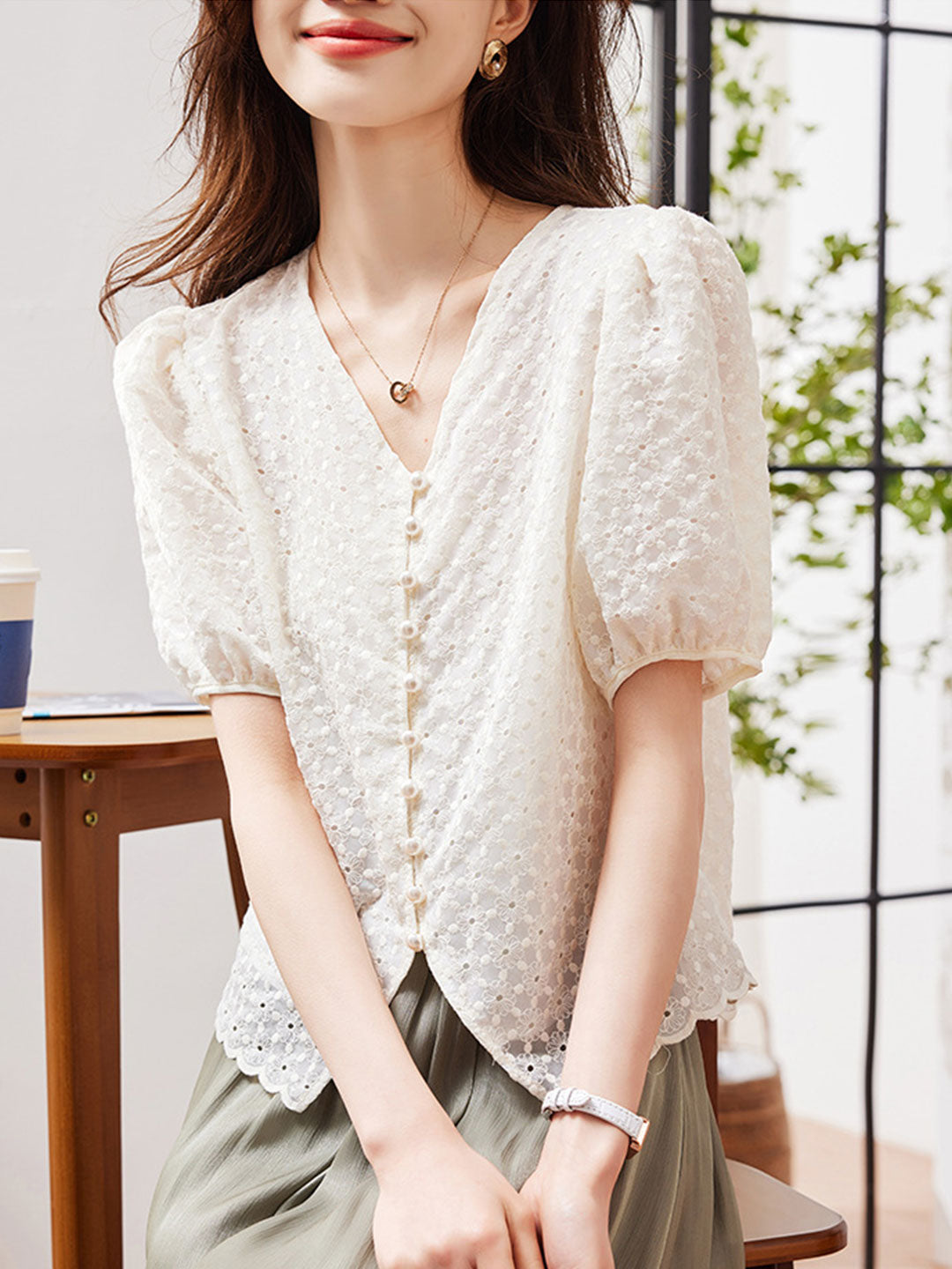 Mia Classic V-Neck Embroidered Hollowed Blouse