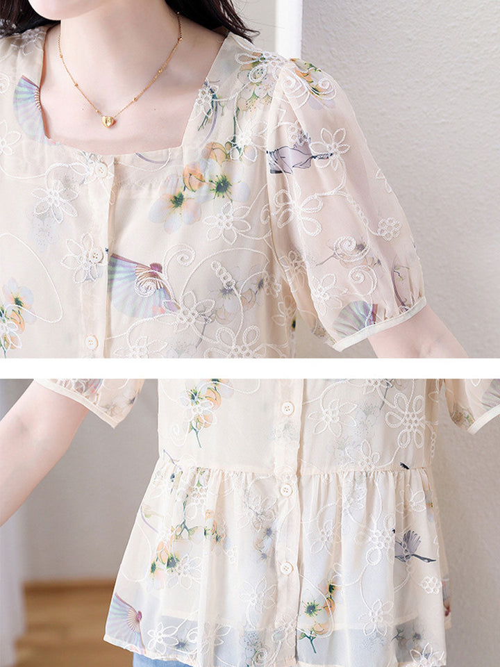 Kaitlyn Loose Puff Sleeve Printed Chiffon Blouse