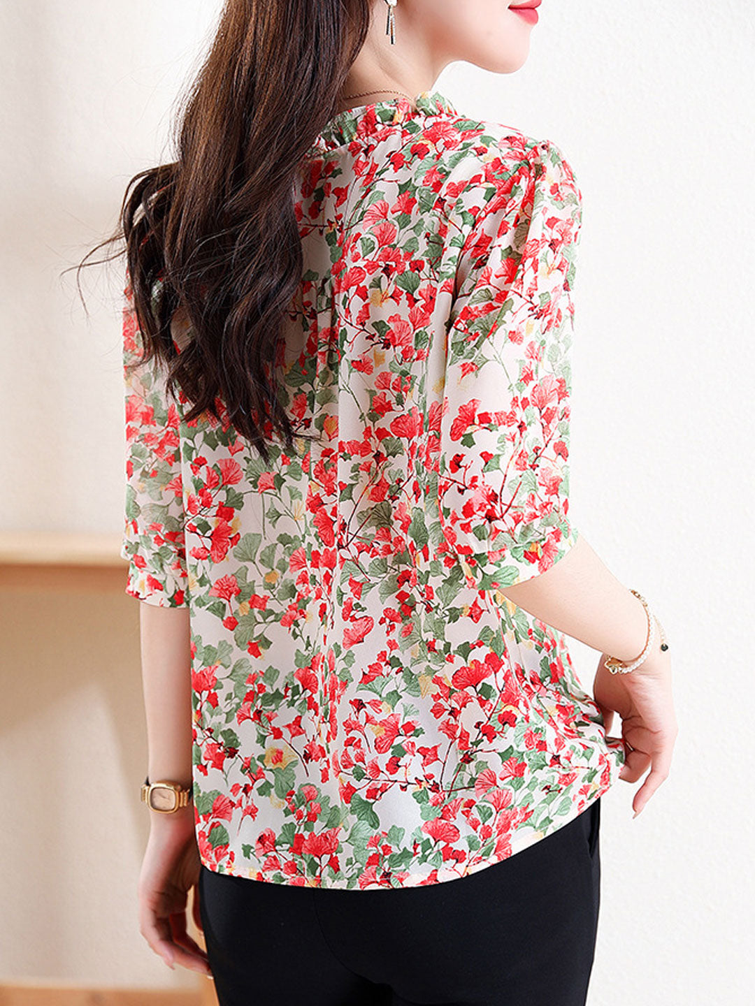 Mia Vacation V-Neck Ruffled Floral Chiffon Top