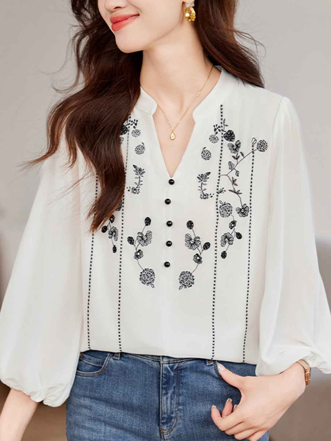 Sydney Loose V-Neck Lantern Sleeve Embroidered Chiffon Top