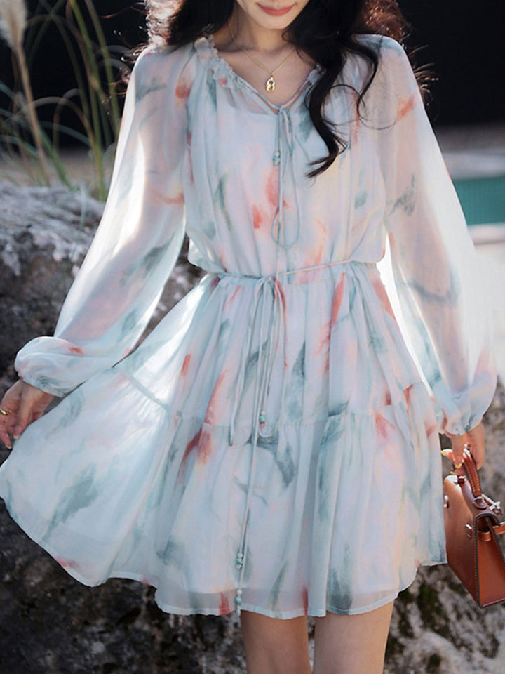 Julia Elegant Printed Floral Chiffon Dress-Short