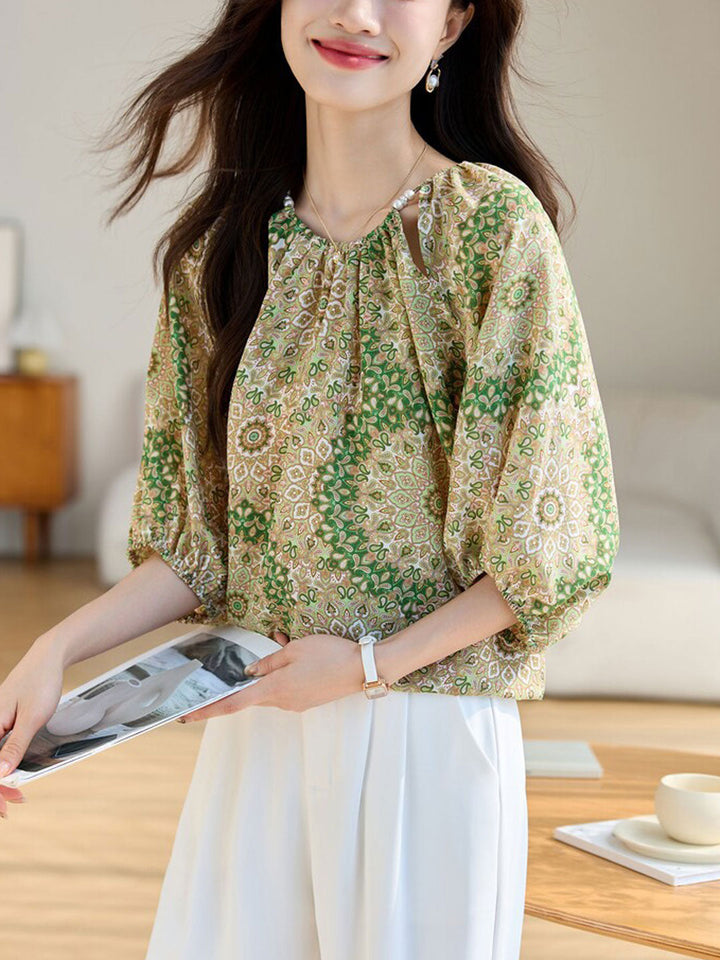 Amy Loose Crew Neck Printed Chiffon Top