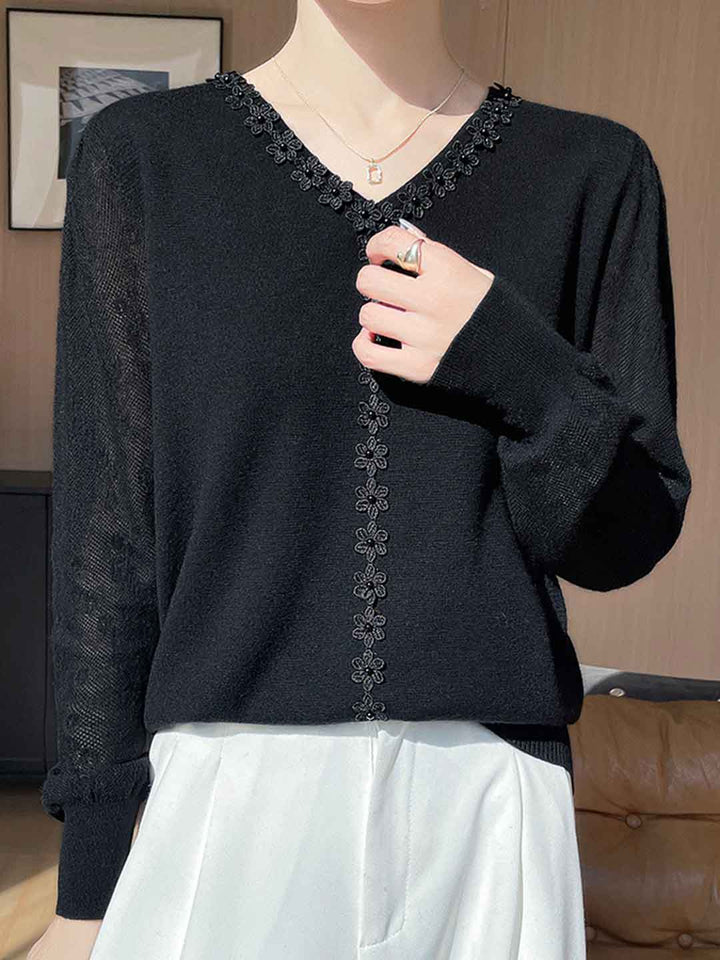 Hannah Classic V-Neck Lace Panel Knitted Top