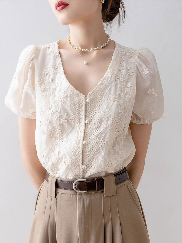 Hailey Classic V-Neck Puff Sleeve Lace Chiffon Top