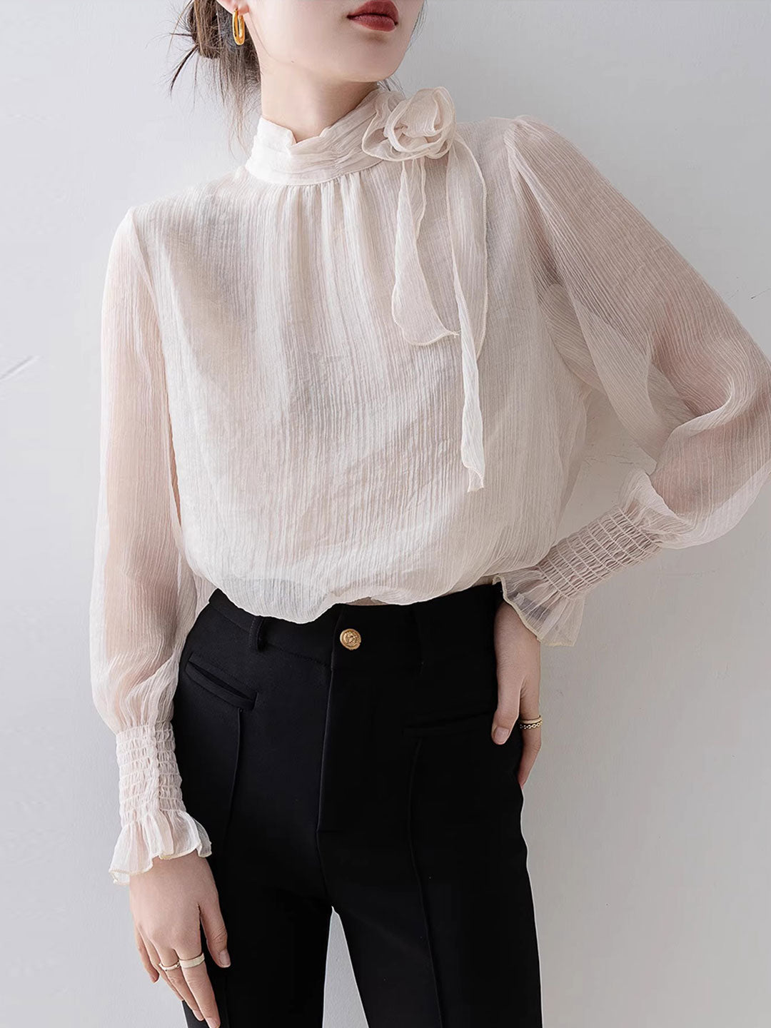 Ava Elegant Half Turtleneck Floral Chiffon Top