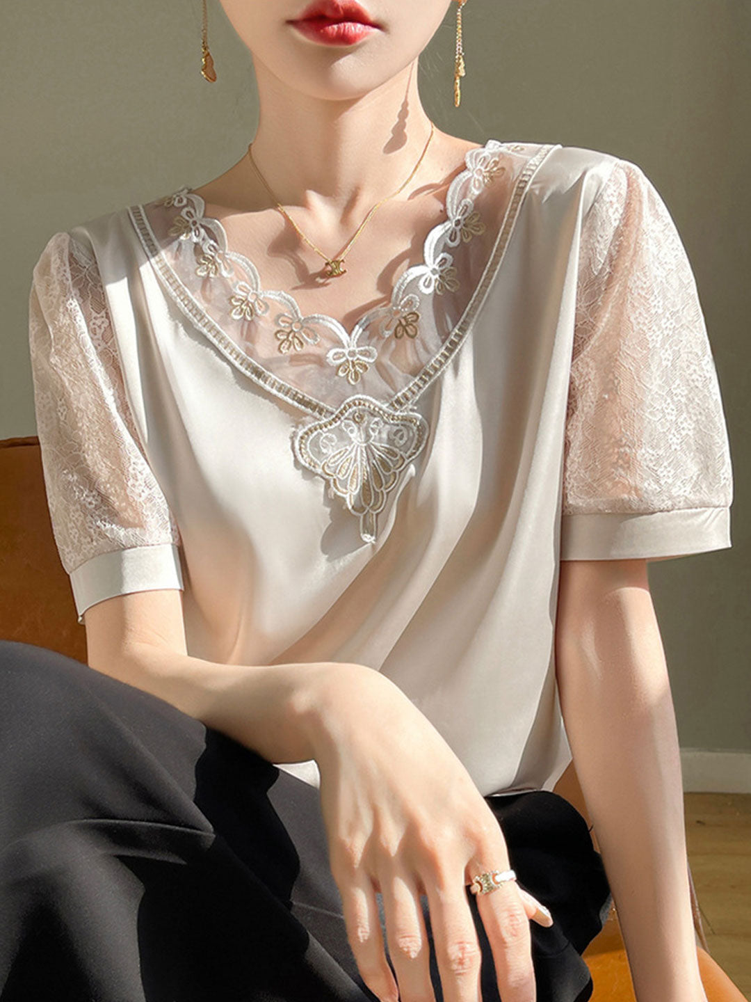 Ava Classic V-Neck Hollowed Lace Satin Top