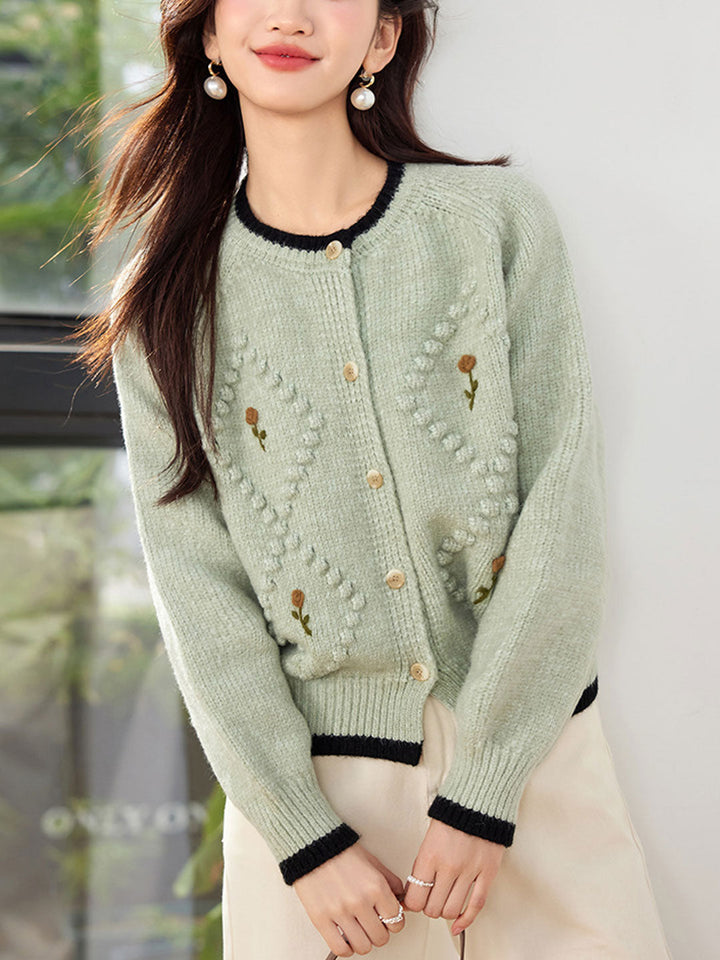 Sophie Loose Crew Neck Embroidered Flower Knitted Cardigan